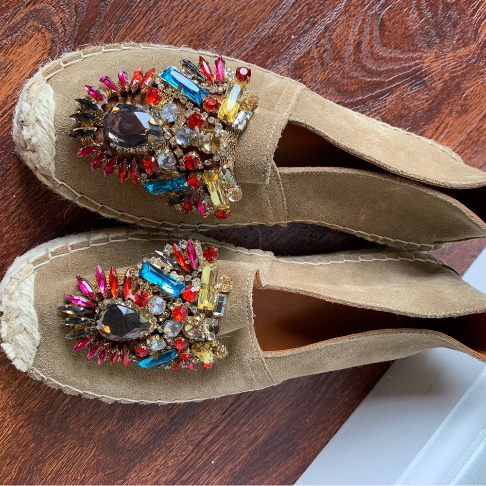 Beige suede espadrilles with colorful rhinestone detail